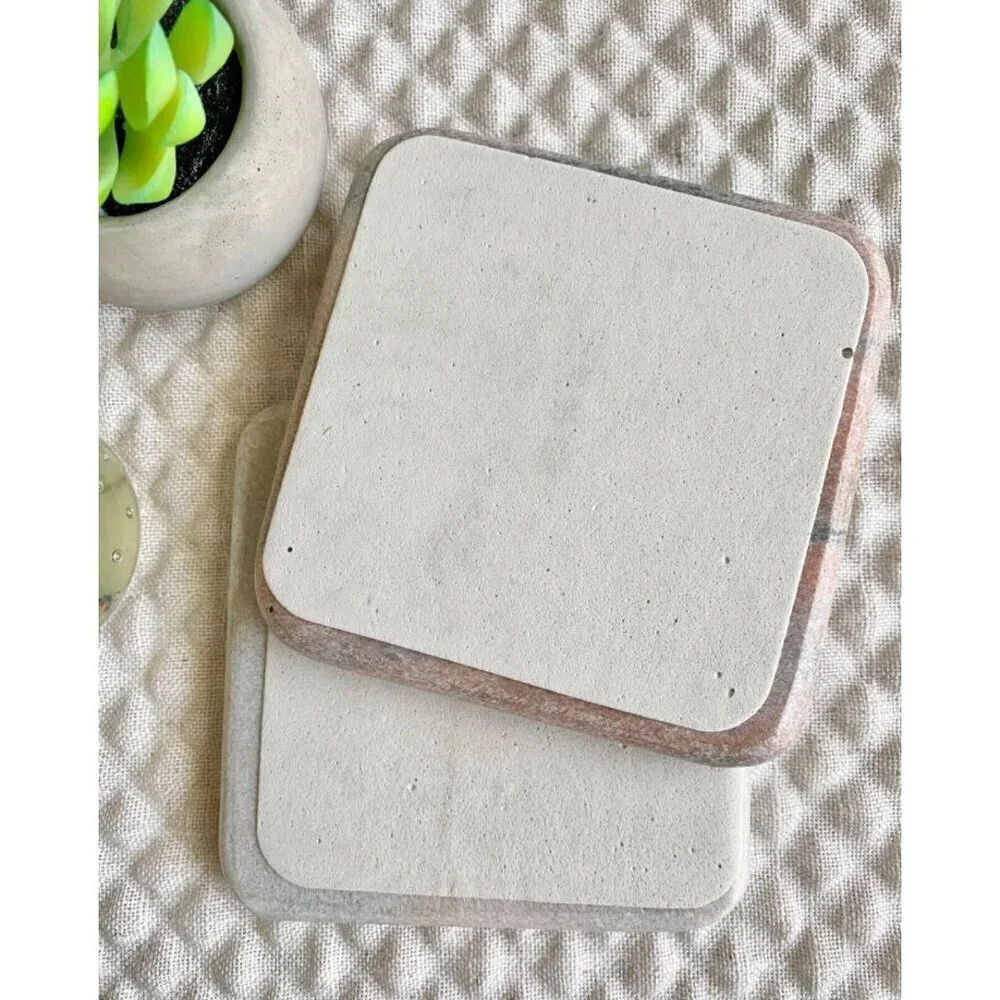 New Natural Marble Pink-Peach & Gray Square Chunky Stone Coasters Set of 2